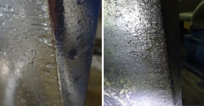 The rotor blades are bumped and worn