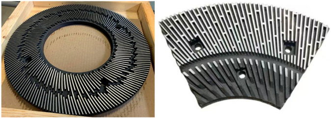 Curved teeth and grinding pieces with retaining dam